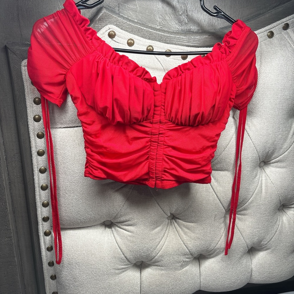 Red Ruched Puff Sleeve Top